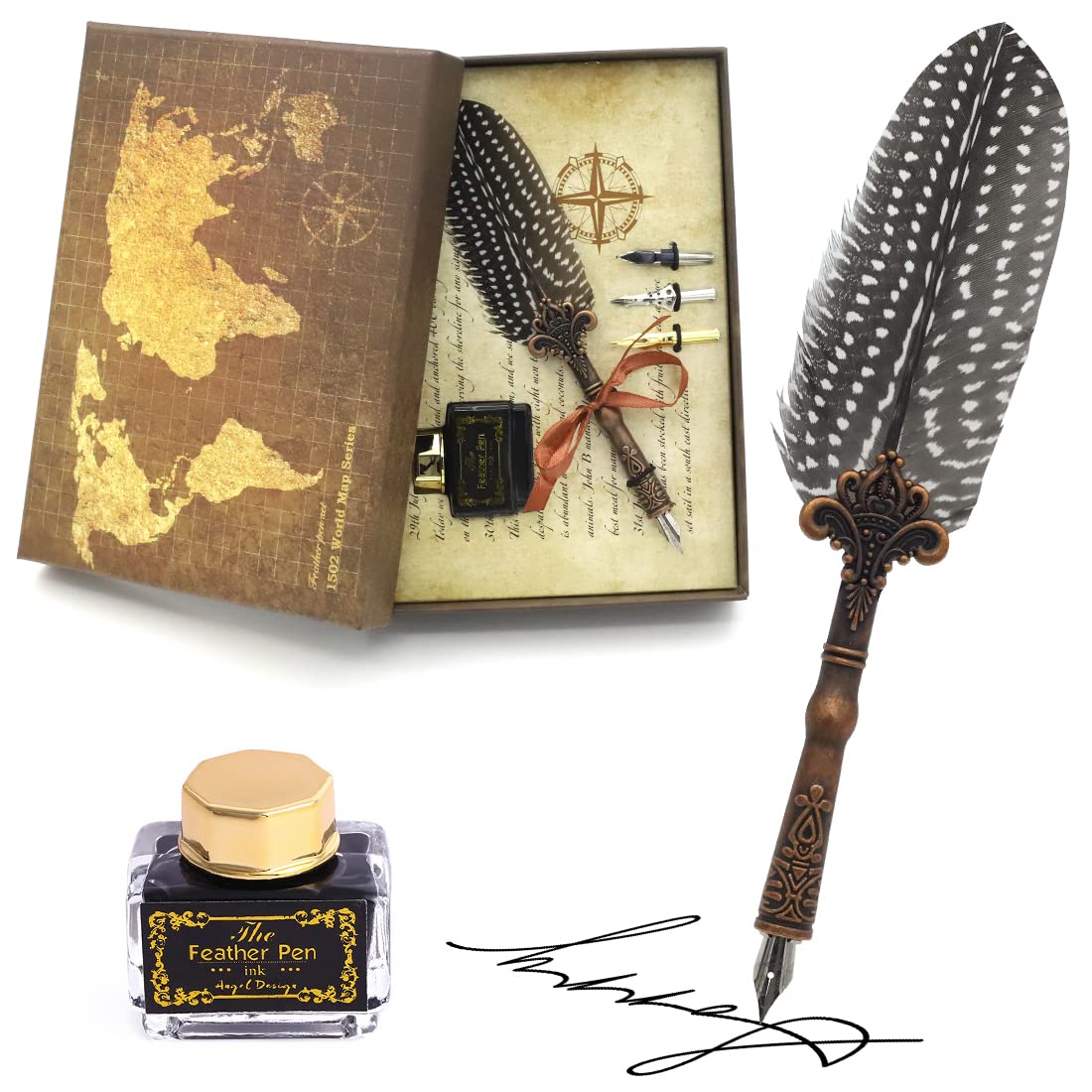 HASTHIP Classical Immersion Feather Handmade Calligraphy Fountain Pen Retro Feather Dip Pen Ink Bottle Set with 3 Dip Pen Nips for Friend, Family Members and Teachers. (Black) HASTHIP Classical Immersion Feather Handmade Calligraphy Fountain Pen Retro Feather Dip Pen Ink Bottle Set with 3 Dip Pen Nips for Friend, Family Members and Teachers. (Black)